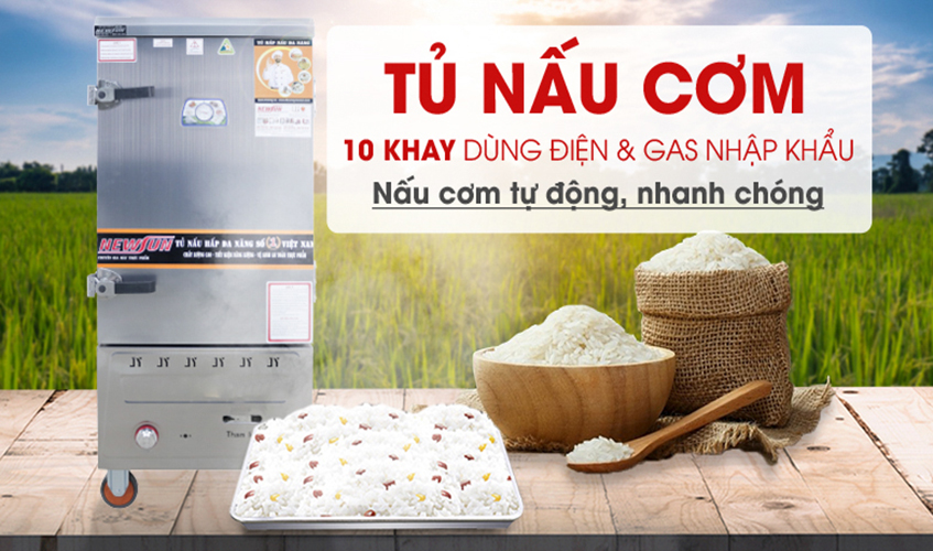 Tủ Nấu Cơm 30 Kg Gạo/ Mẻ Bằng Điện Gas 10 Khay Nhập Khẩu NEWSUN - Hàng Chính Hãng