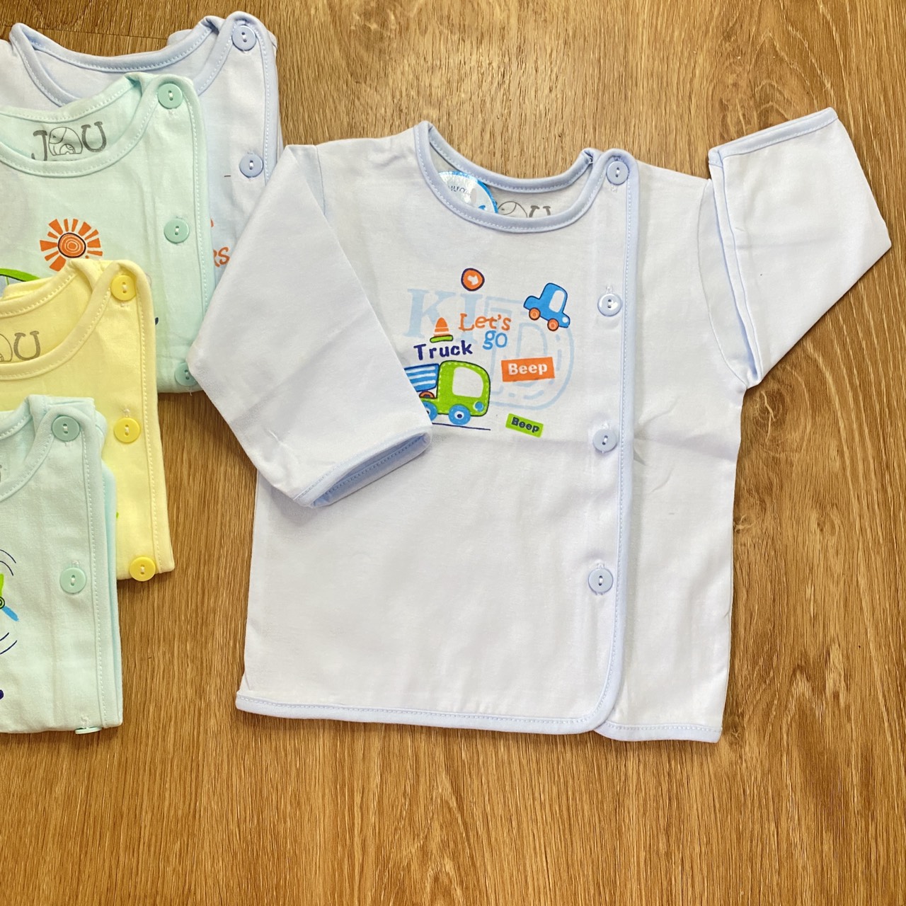 Combo 5 áo sơ sinh cotton Tay Dài Cài Lệch Màu Nhạt JOU-TomTom Baby- Size 1,2,3 cho bé sơ sinh - 9kg