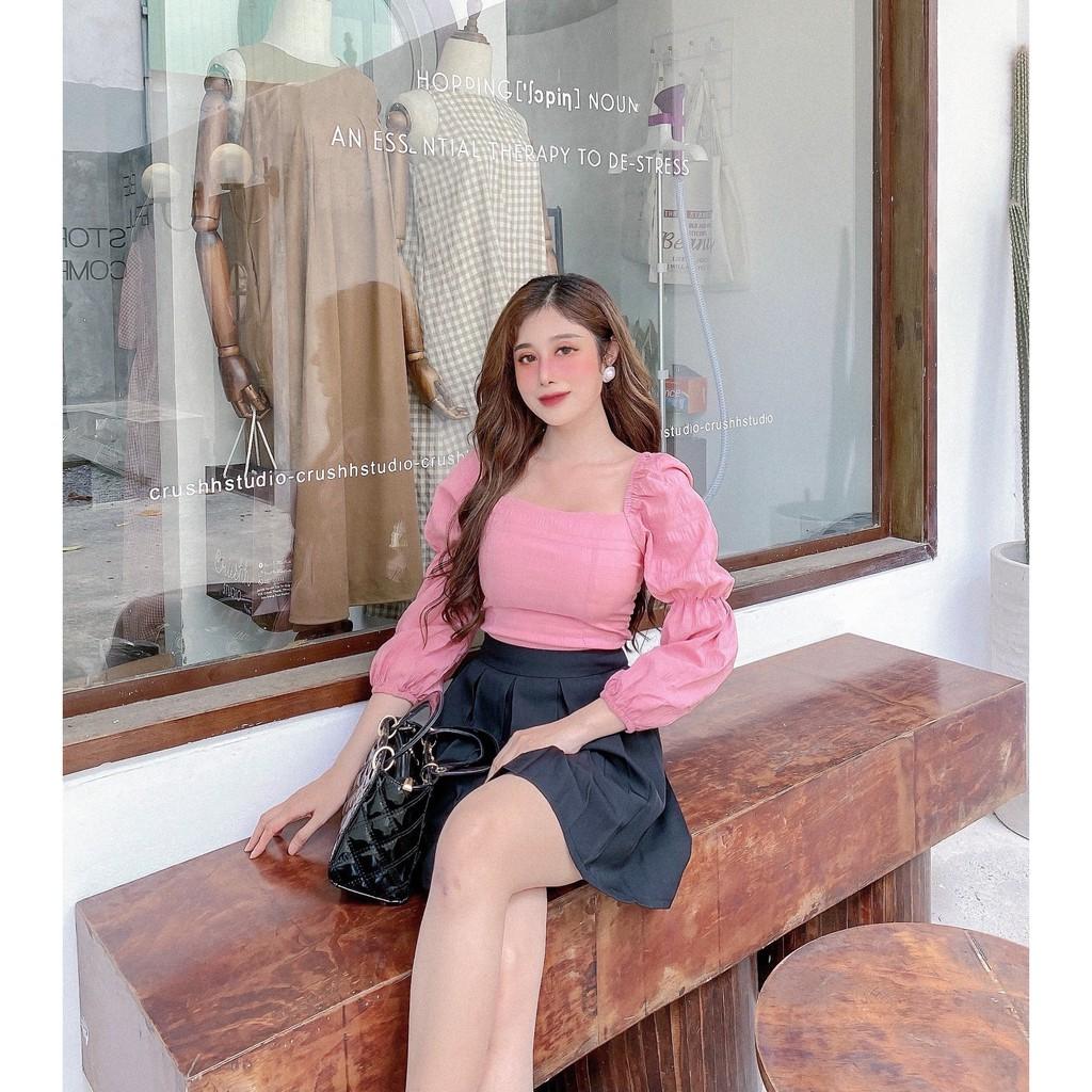 SET ÁO KIỂU XỐP NHÚN CROPTOP CỔ VUÔNG TAY DÀI+CHÂN VÁY XẾP LY-hình thật shop chụp
