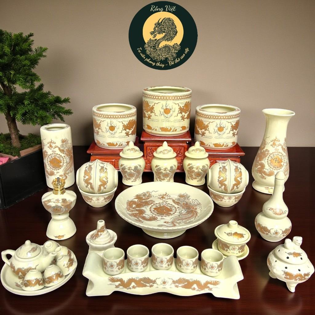 Bộ đồ thờ gia tiên, đồ thờ thần tài RỒNG VIỆT, gốm sứ men bát tràng hoạ tiết rồng phượng cao cấp