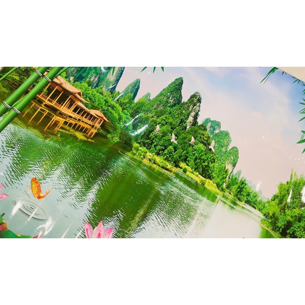 (ẢNH THẬT) Tranh dán tường 3d phong cảnh phong thuỷ hữu tình có sẵn keo( có in theo yêu cầu)