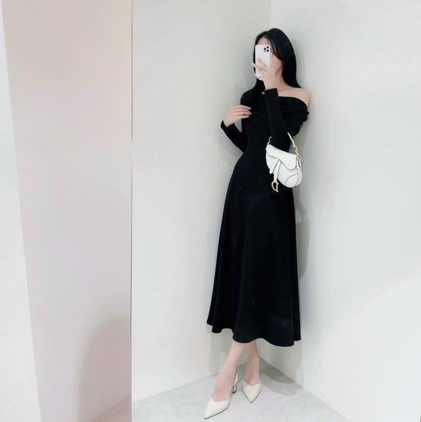 ĐẦM ĐEN DÀI TRỄ VAI MIDI SUÔNG TRƠN XÒE ÔM BODY TAY DÀI ĐI TIỆC DẠO PHỐ ĐI CHƠI NOEL GIÁNG SINH