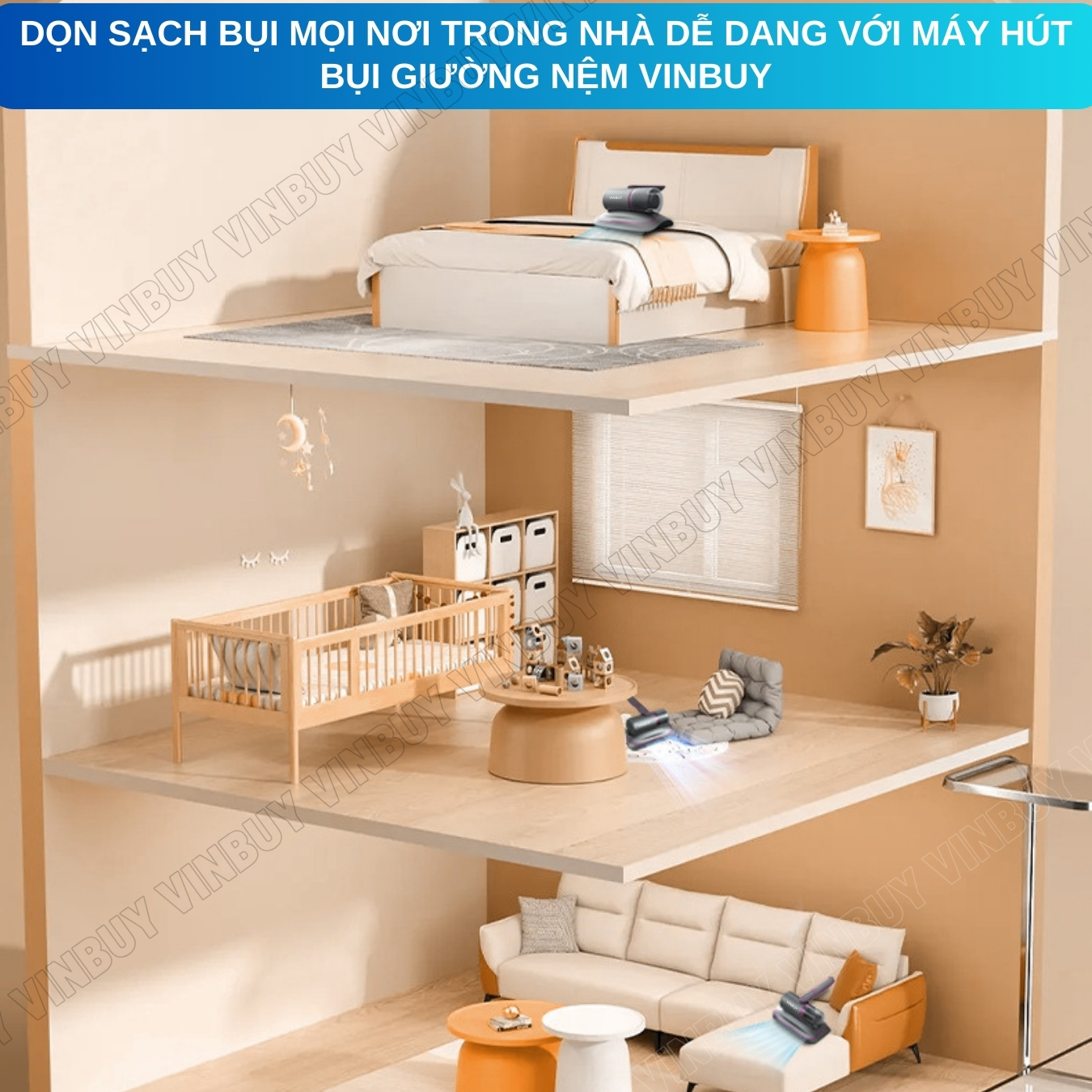 Máy hút bụi giường nệm diệt khuẩn UV, cầm tay pin sạc không dây lực hút mạnh 22000PA - Hàng chính hãng VINBUY