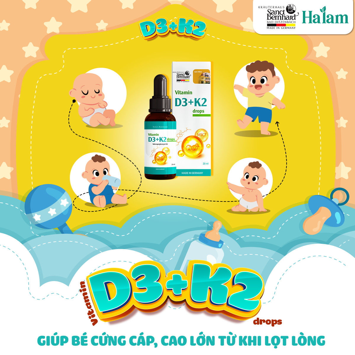 Vitamin D3 K2 MK7 Drops dạng giọt giúp bé tăng chiều cao, bổ sung canxi chống còi xương, giảm nguy cơ loãng xương ở người lớn