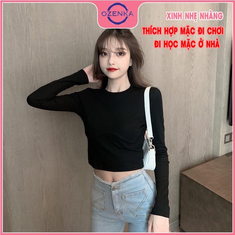 Áo croptop tay dài cổ tròn ôm nữ ,  áo thu đông tôn ngực mặc đi học đi chơi chất len tăm 100% cotton đen trắng