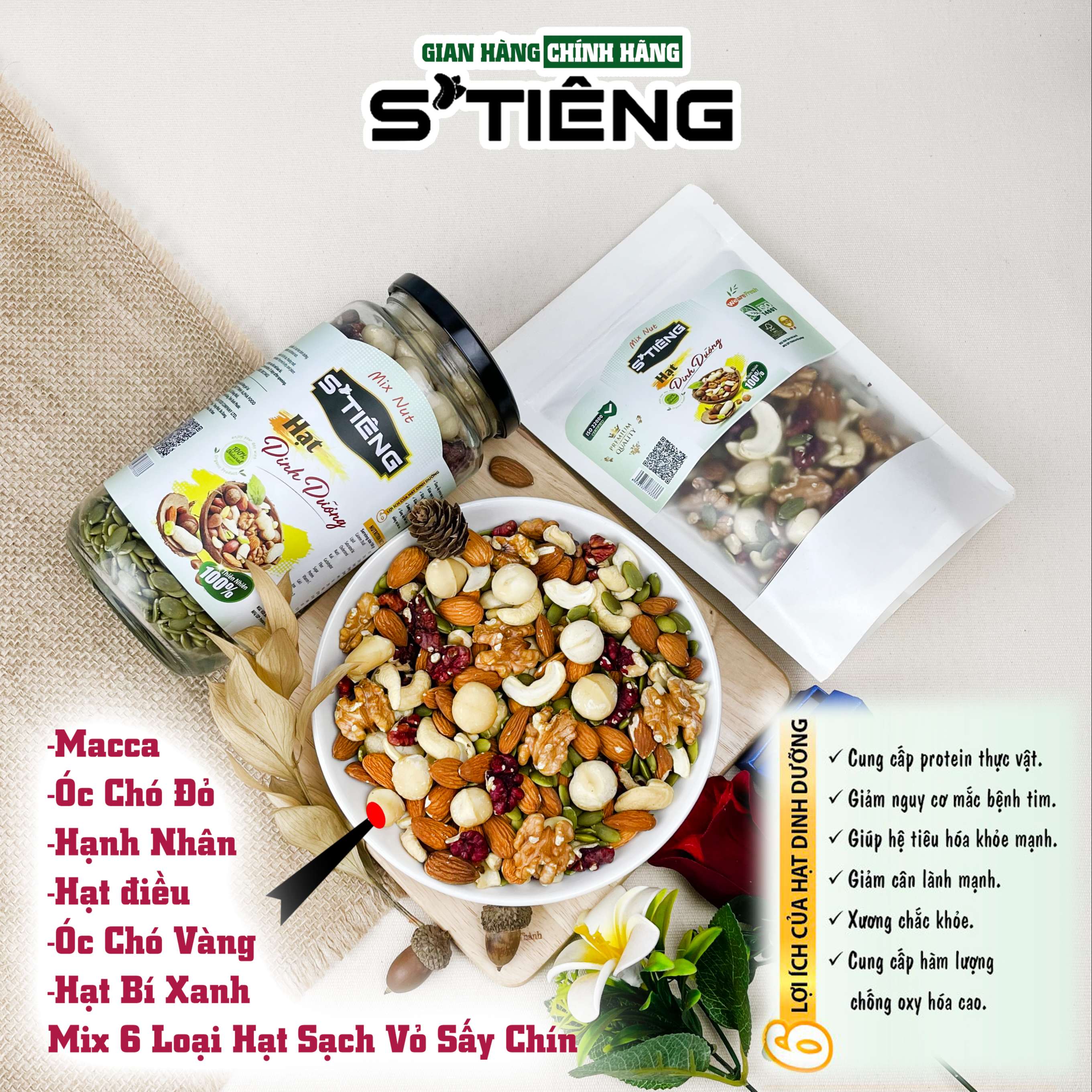 Hạt Dinh Dưỡng STIENG Mix Nuts 6 Loại Hạt Sấy Chín, Ngủ Cốc Granola Ăn Kiêm Giảm Cân, Hạt Macca, Hạt Hạnh nhân. Hạt Óc Chó, Hạt Điều, Hạt Bí