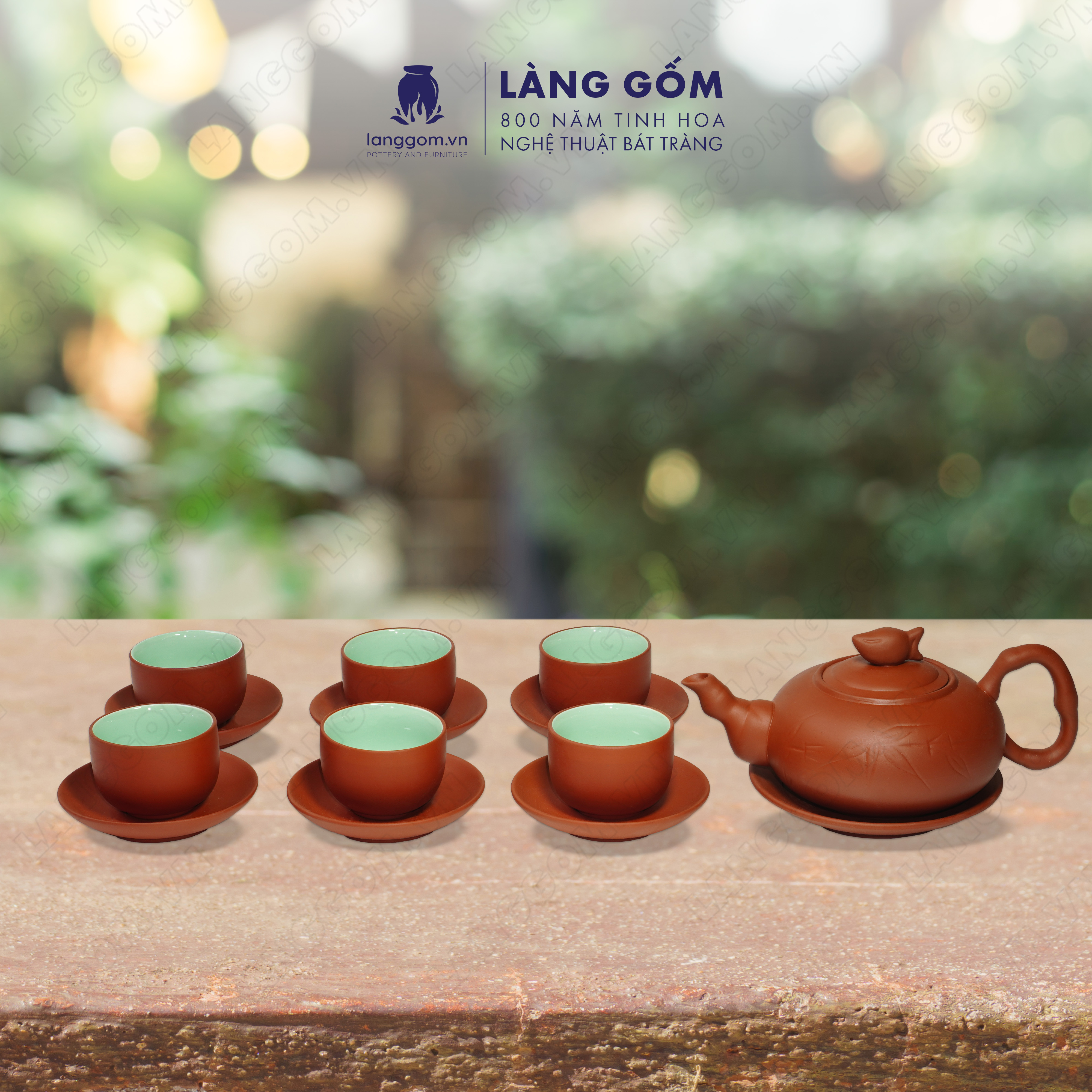 Bộ ấm chén đất nung trúc đào - Men mộc - Gốm sứ Bát Tràng - langgom.vn