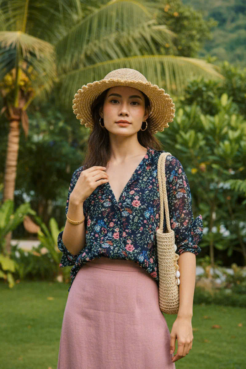 Áo Sơ Mi Hoa Điểm Ngọc, Áo Sơ Mi Tay Dài Nữ Chiffon Voan Hoa Cổ Điển Vintage thời trang thiết kế Hity Top171