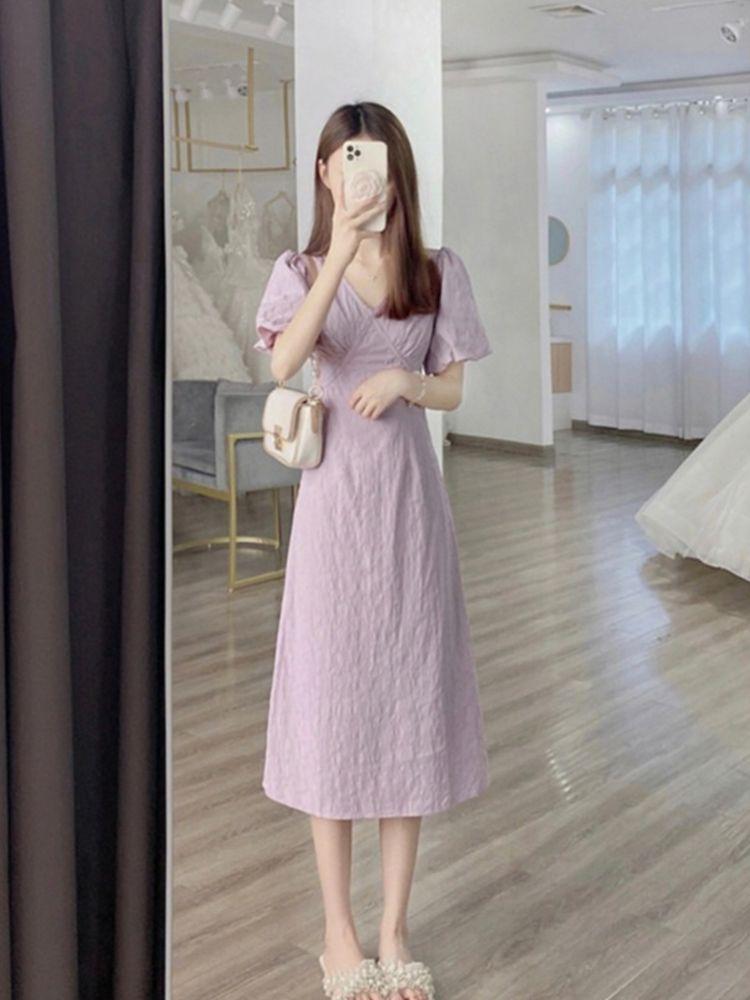 DONGSHOP Váy dài cổ chữ V màu trắng dịu dàng kiểu Pháp, váy dài cổ chữ V màu tím, con cái Hạ Độc đáo, thắt lưng, tay áo bong bóng, váy liền áo.