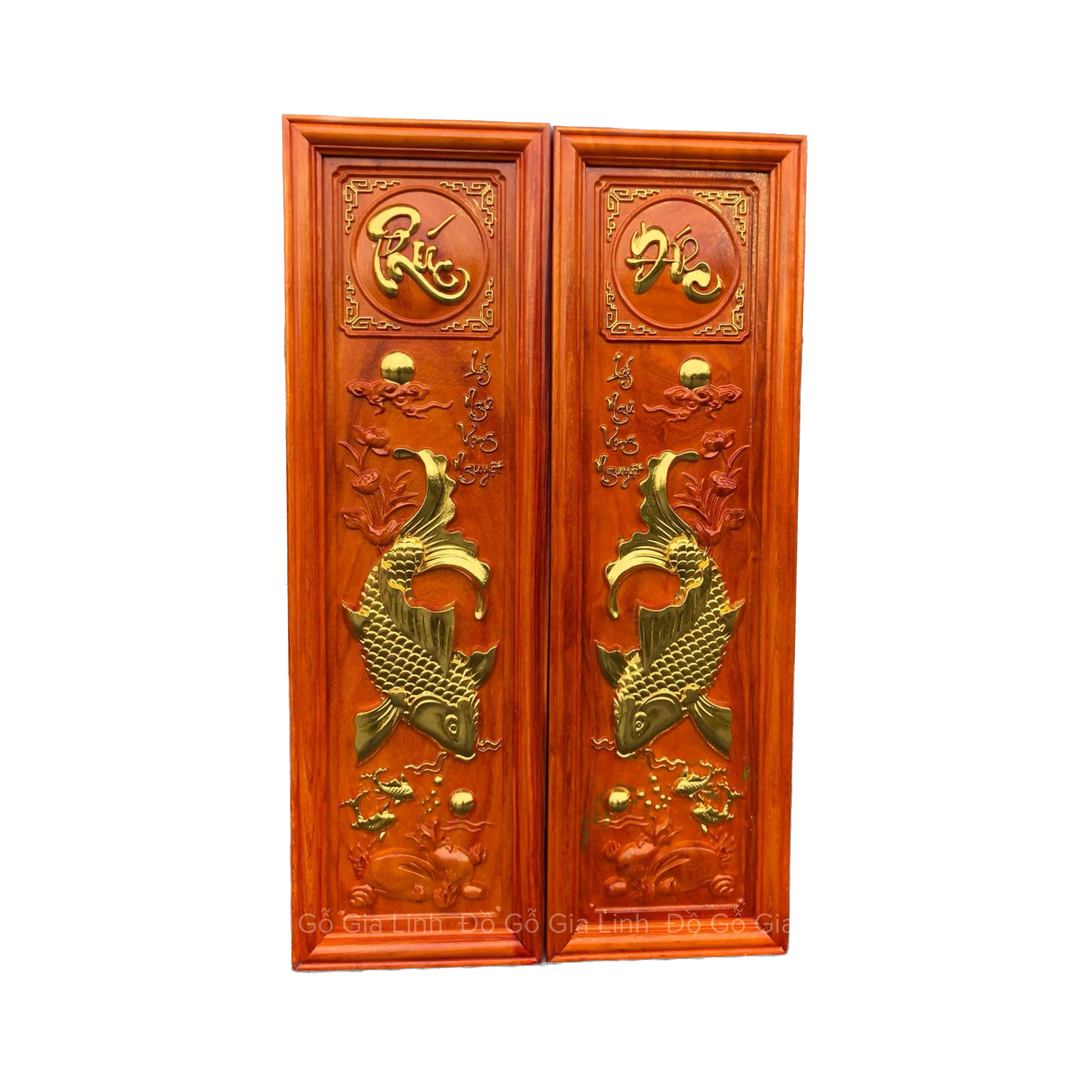 Bộ tranh Phúc Đức Cá Chép Đồ Gỗ Gia Linh gỗ Hương đỏ dát vàng