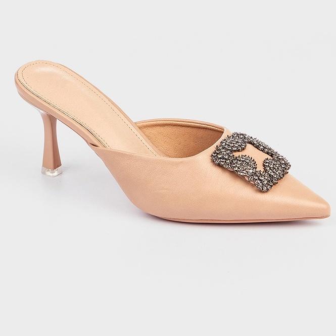 Sục nữ cao gót Hà Huyền Shoes da mũi nhọn đính đá xám gót nhọn 7 phân cao cấp - SU144