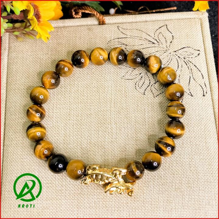 Vòng Tay Phòng Thủy Mệnh Kim - Vòng Tay Nam Nữ Đá Mắt Hổ Vàng Mix Long Quy Vàng 8mm V387-8