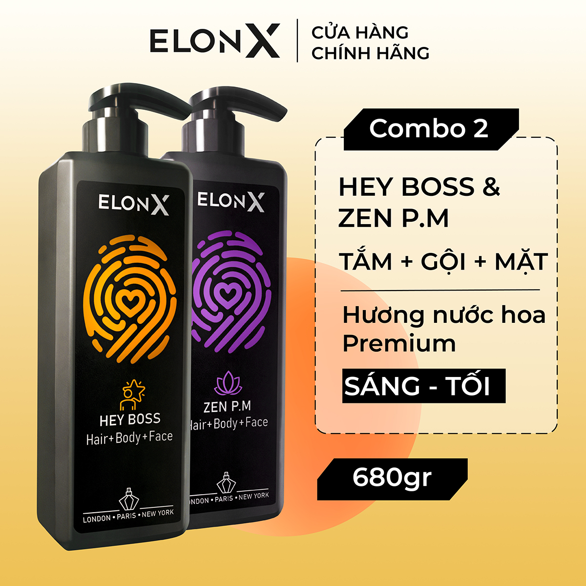 Combo 2 dầu gội ElonX dầu gội 3 in 1 nam dầu gội hương nước hoa bộ dầu gội nam sữa tắm gội (680gr x 2) (sáng tối)