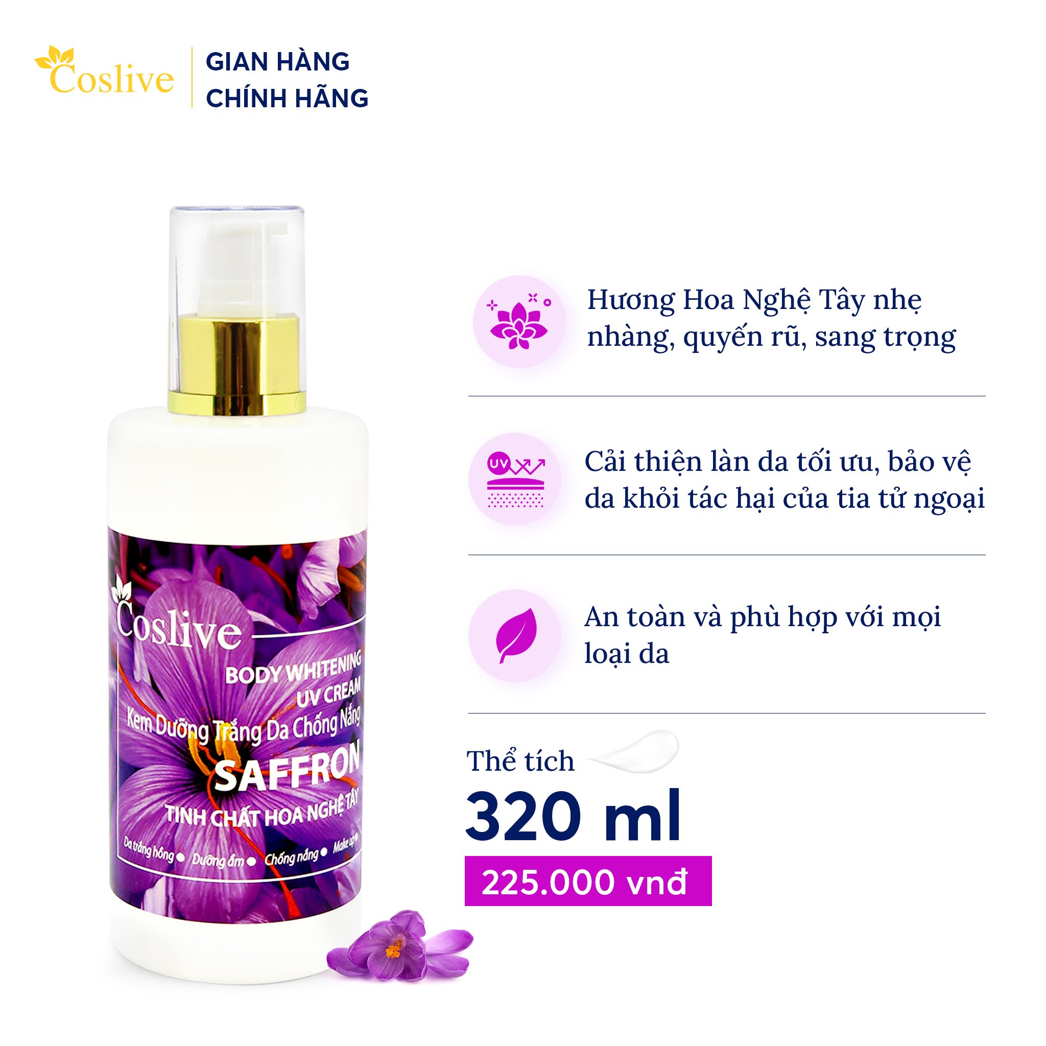 KEM DƯỠNG TRẮNG DA CHỐNG NẮNG TÍNH CHẤT HOA NGHỆ TÂY 320ML COSLIVE