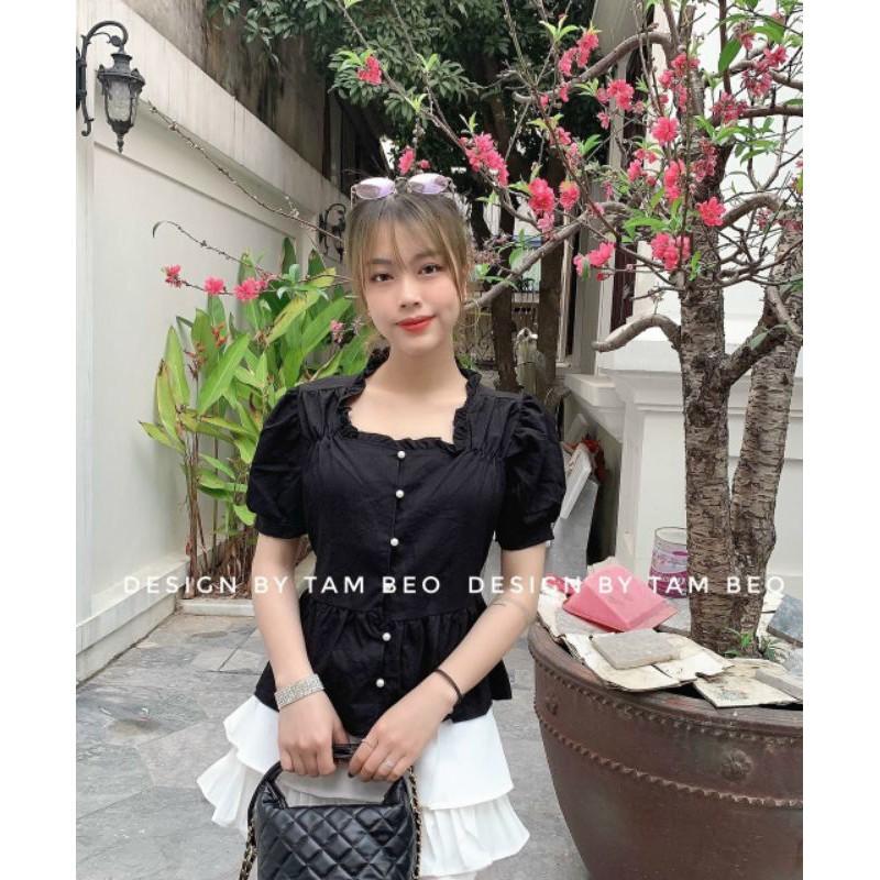Áo Kiểu Chất Đũi Ngắn Tay _ Thiết Kế Cổ Bèo Vuông Đính Khuy Ngọc Sang Chảnh