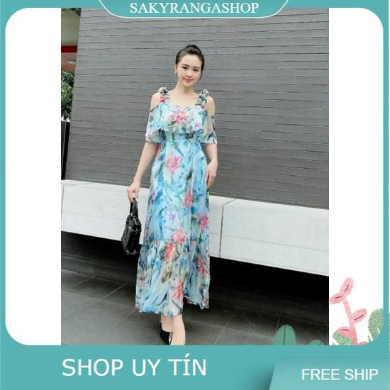 ĐẦM MAXI VOAN TƠ 2 DÂY RỚT VAI