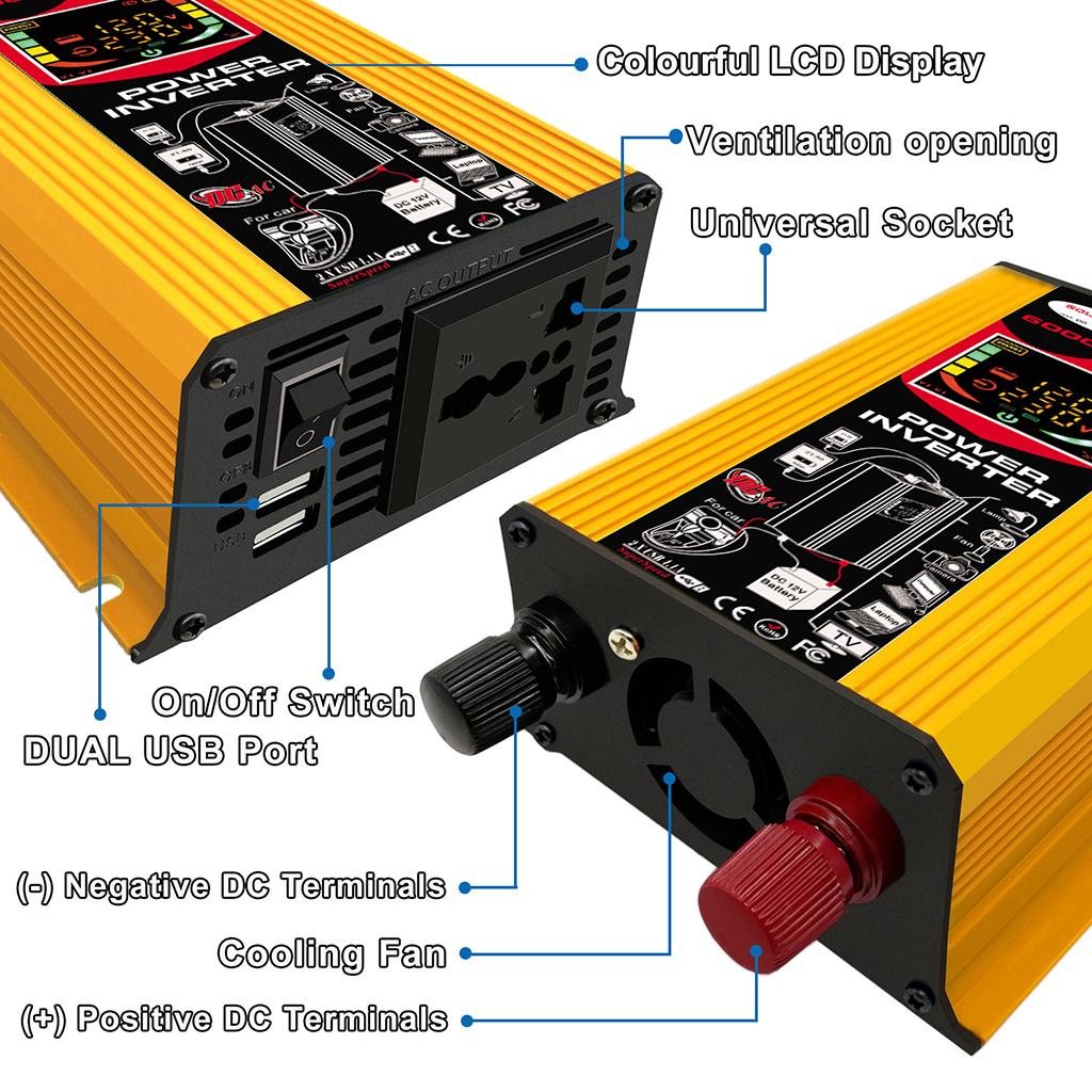 500W (6000W Peak) Car Power Inverter 12V to 220V DC to AC LED Display Yellow