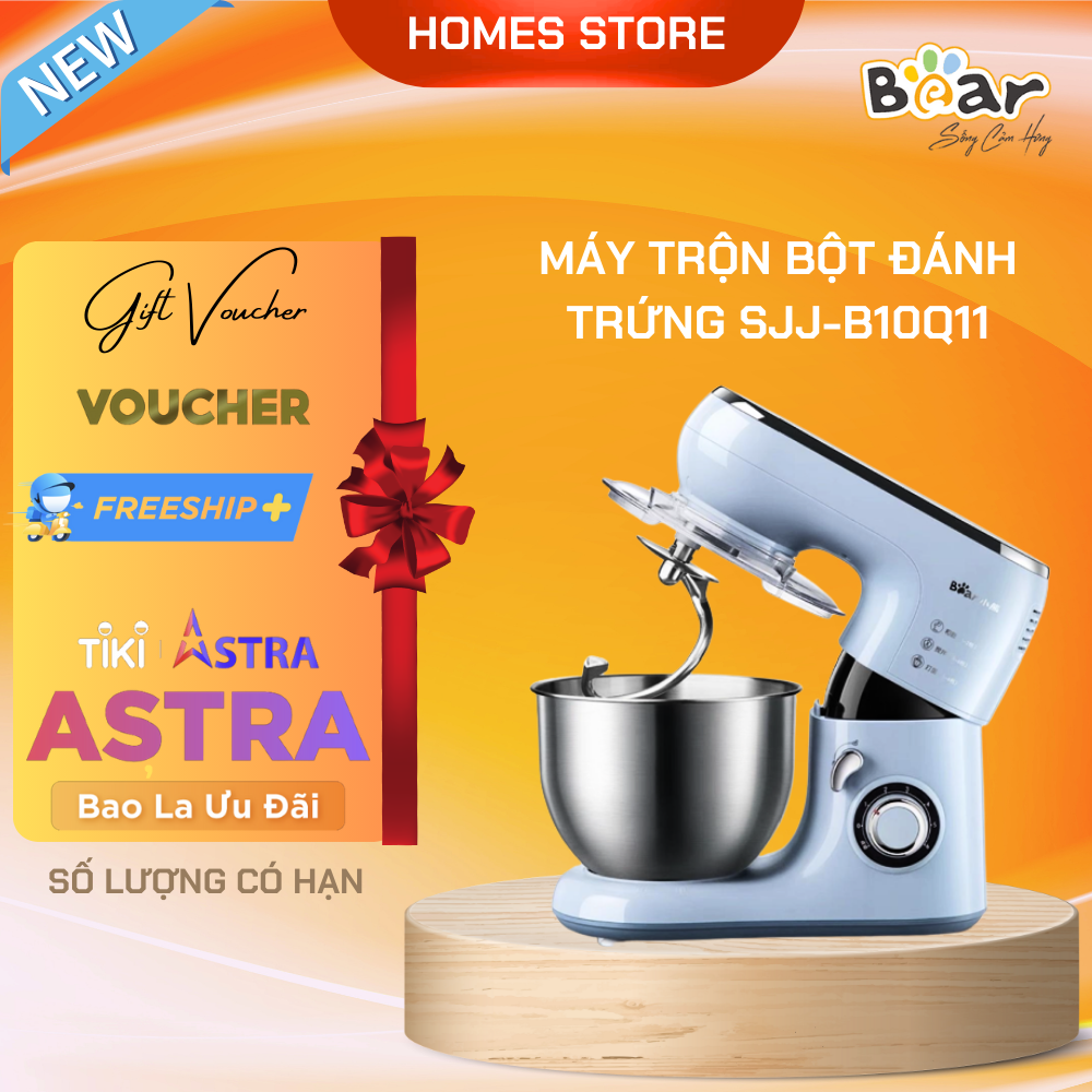 Máy Trộn Bột Đánh Trứng Tự Động BEAR SJJ-B10Q11 Chống Dính Bột Dung Tích 5 Lít Công Suất 1000 W - Hàng Nhập Khẩu