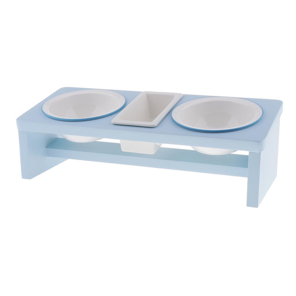 Pet Ceramic Food Water Feeding Bowl With Wooden Stand For Cat Dog Sky Blue