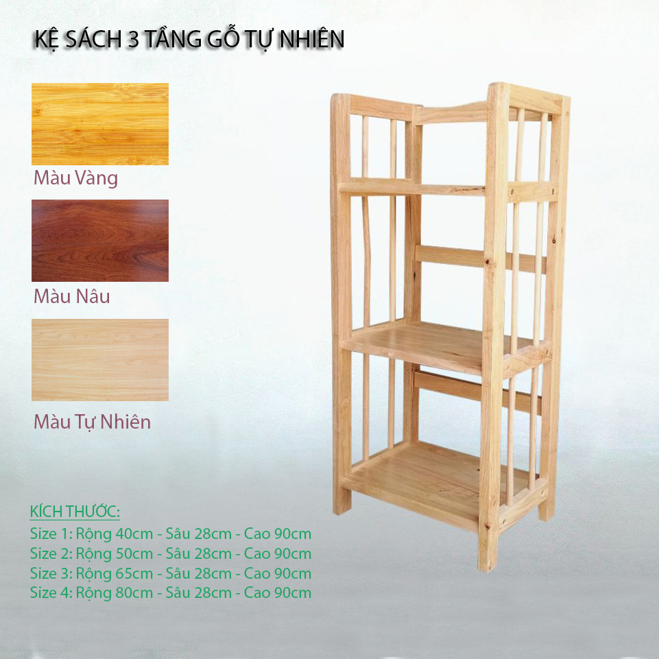 Kệ sách 3 tầng gỗ tự nhiên nhiều size