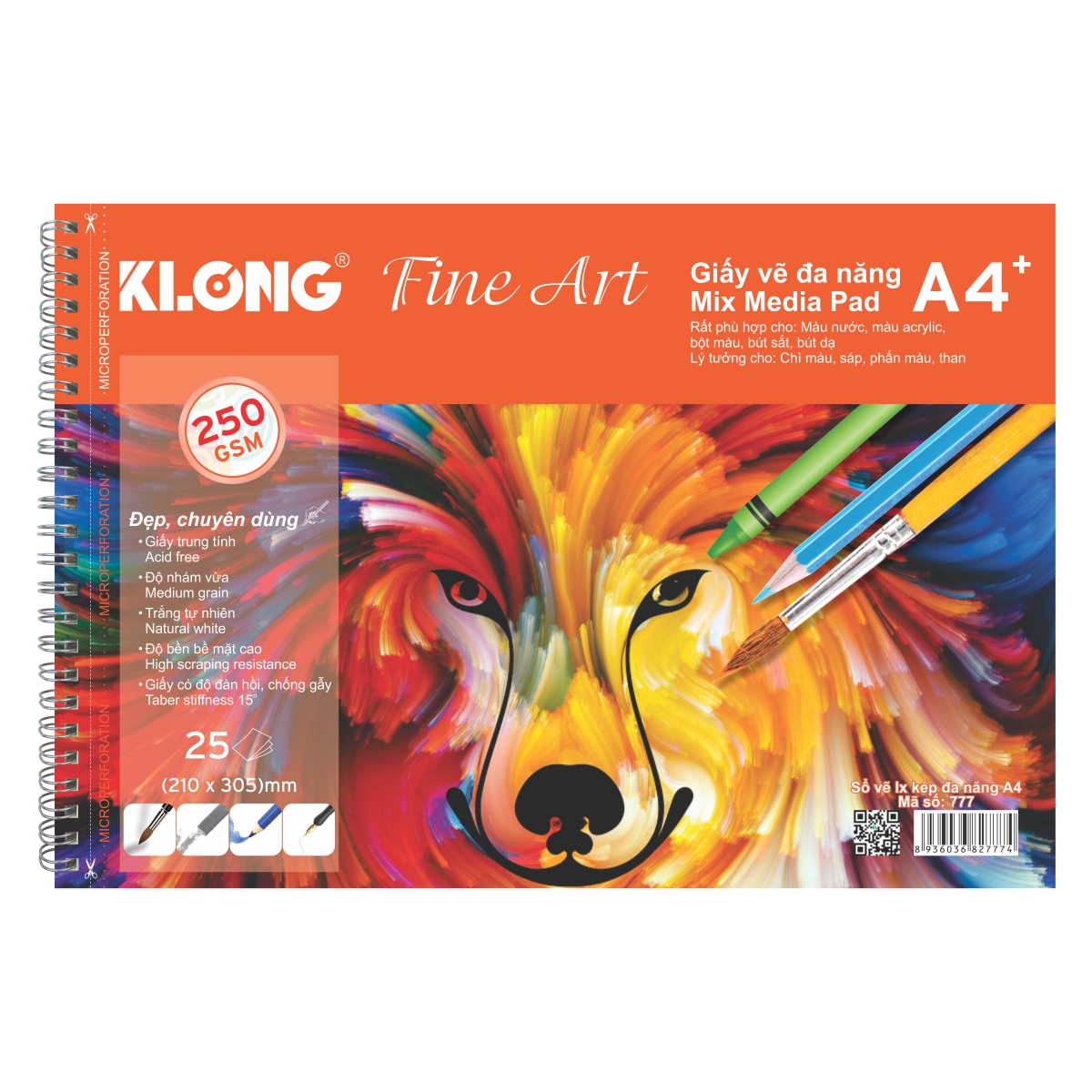 Sổ vẽ lò xo kép đa năng KLONG Fine Art A4 - 250 GSM - 25 tờ; MS: 777