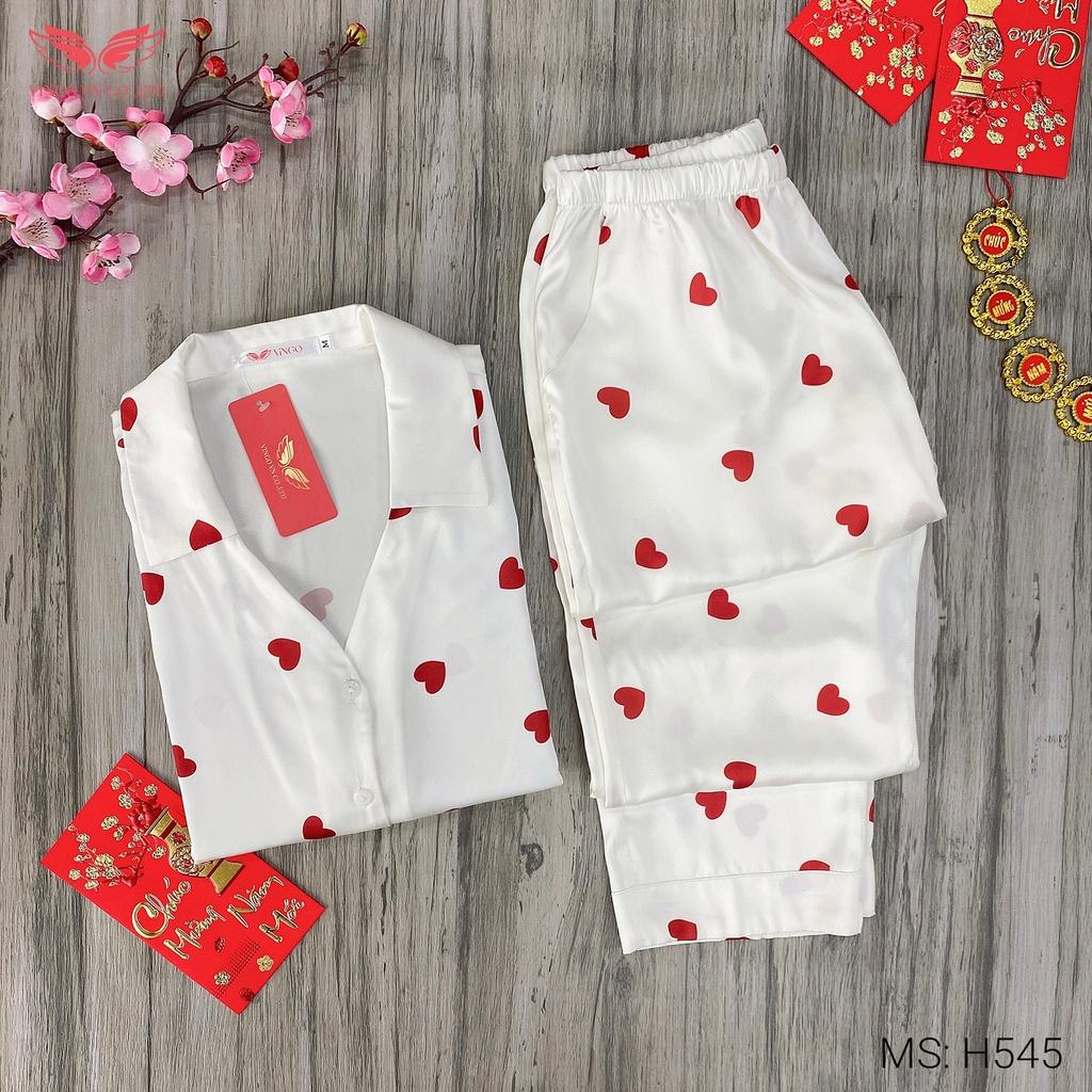 Đồ Bộ Ngủ Nữ Pijama Mặc Nhà VINGO Lụa Pháp Cao Cấp Tay Dài Quần Dài Họa Tiết Trái Tim Mặc Mùa Đông H545 VNGO - TDQD