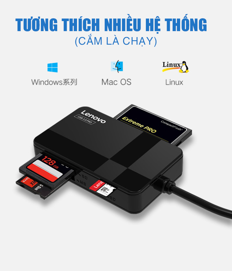 Đầu Đọc Thẻ Nhớ USB 3.0 Lenovo D303 Pro  Đọc 4 Thẻ Cùng 1 Lúc (TF, SD, CF, MS) - Hàng Nhập Khẩu