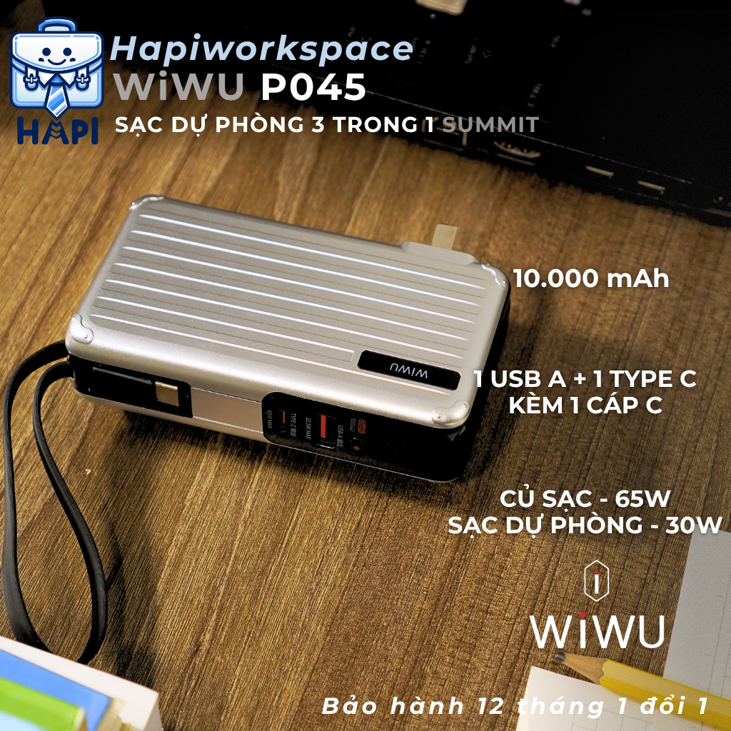 Sạc dự phòng hàng chính hãng WiWU Summit 10.000mAh 30W Wi-P045: Tích hợp cáp Type-C, kiêm củ sạc 65W đa năng