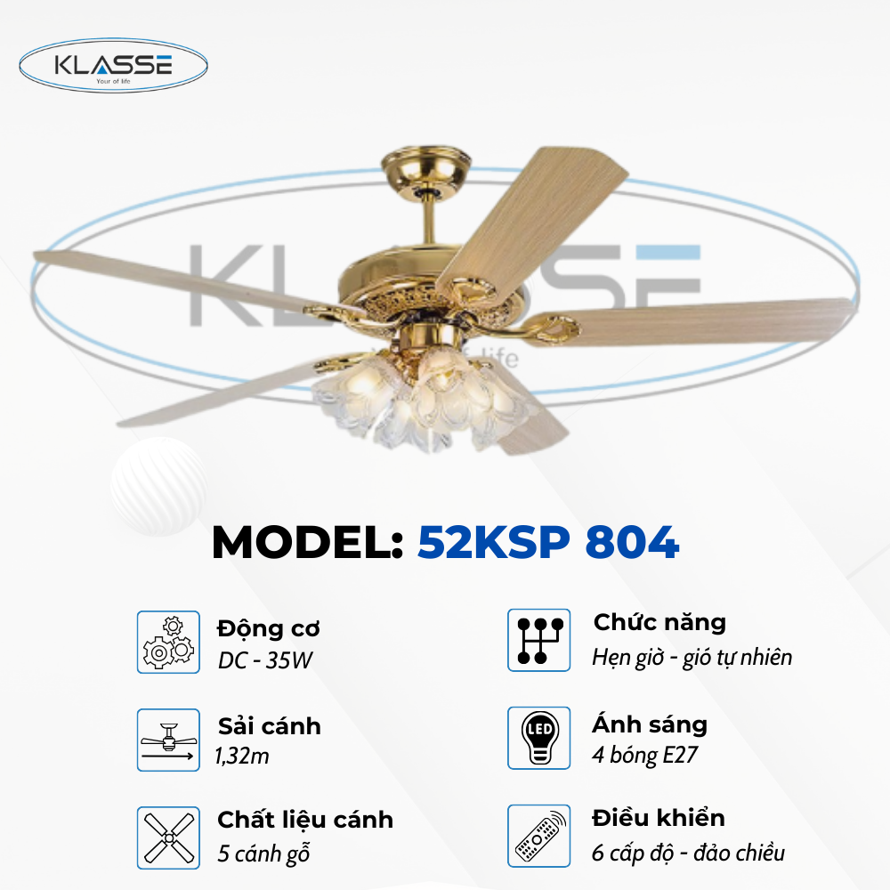 Quạt trần chùm đèn Klasse 52KSP 804 Hàng chính hãng