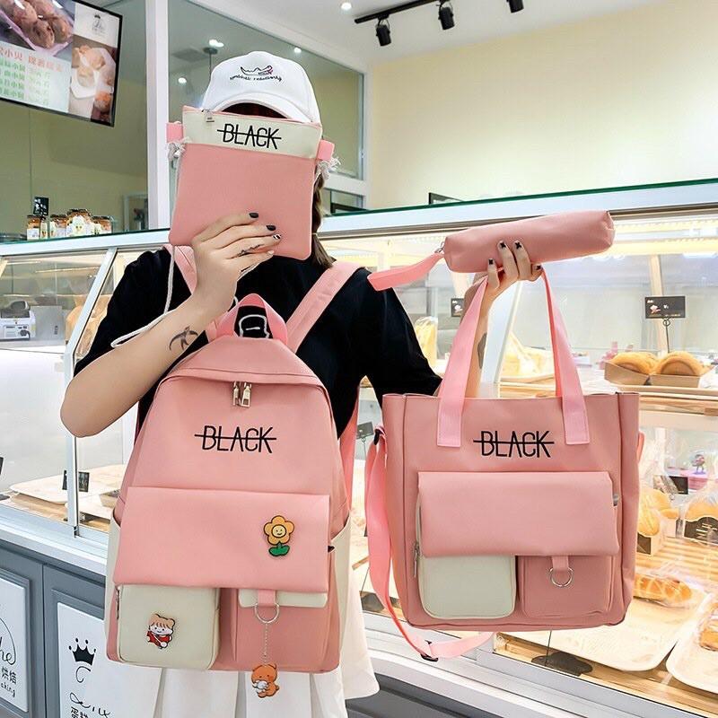 Set Balo 4 Món Black và Hoa BALO THỜI TRANG NAM NỮ TO Ulzzang
