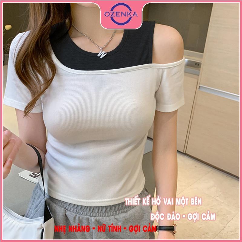 Áo croptop trễ vai cộc tay nữ OZENKA , crt ôm body thun gân 100% cotton đẹp màu đen trắng