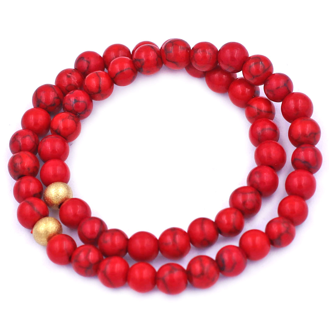 Vòng Chuỗi Đôi 6 Ly San Hô Đỏ Sọc Charm Bi Inox VSHOSHBD