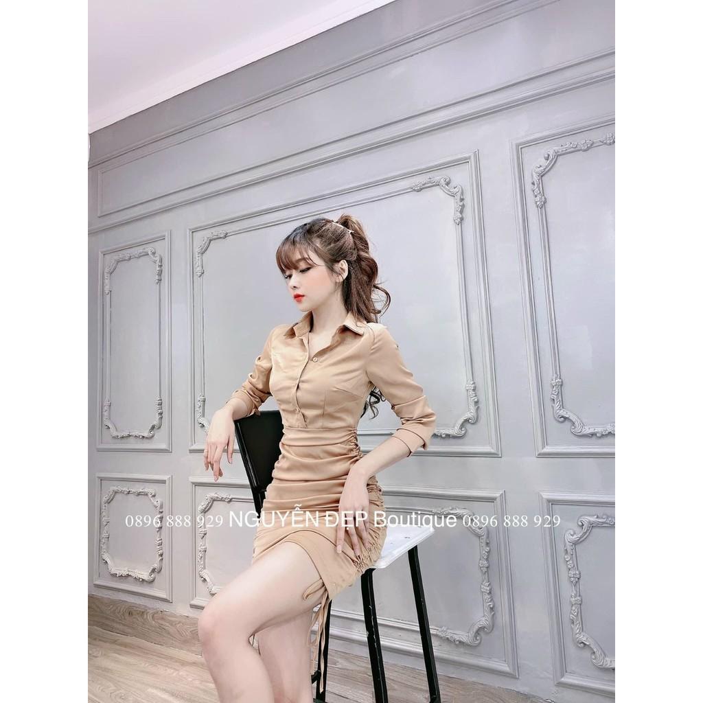 Đầm body lụa satin nhún cổ sơ mi cài nút , rút dây 2 bên cực sexy