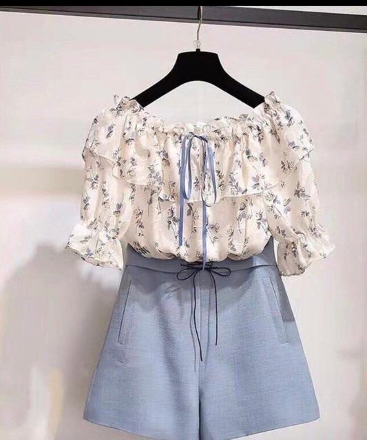 Set áo voan hoa mix quần short nữ tính
