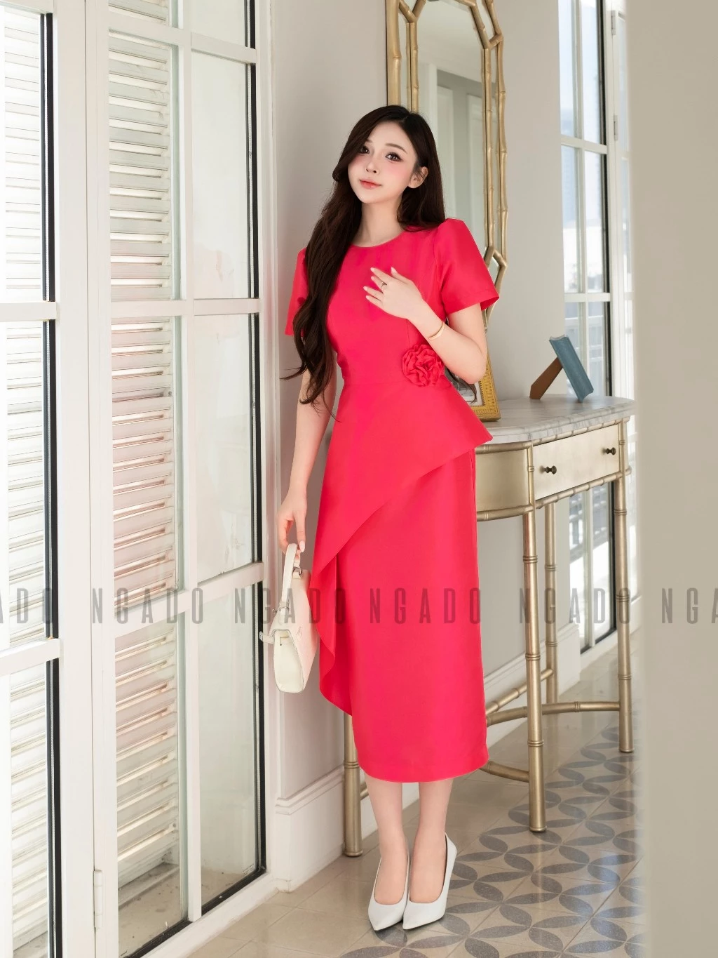 Đầm hồng sen tay loe NGADO , đầm bút chì , đầm dự tiệc , đầm công sở