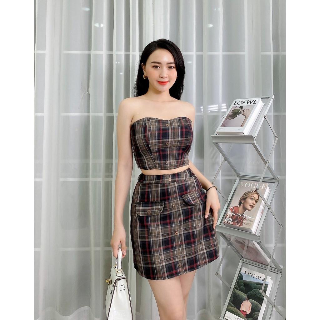 Set áo croptop cúp ngực và chân váy chữ A sọc caro vải cotton co giãn - HMN Fashion