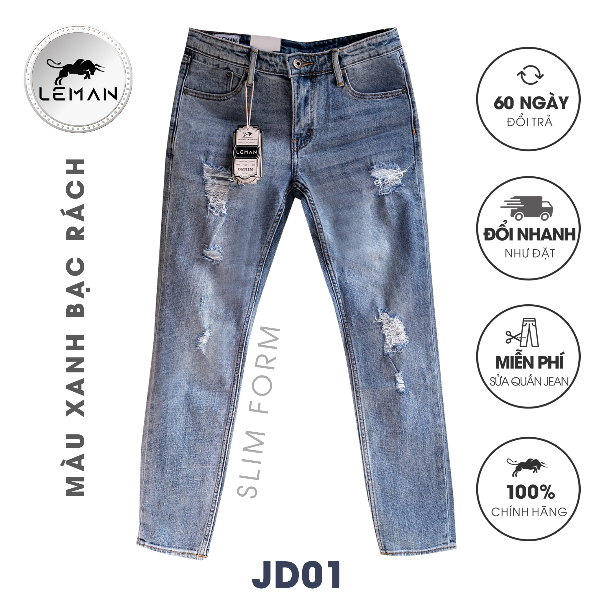 Quần Jean nam Leman xanh rách JD01 - Slim Form