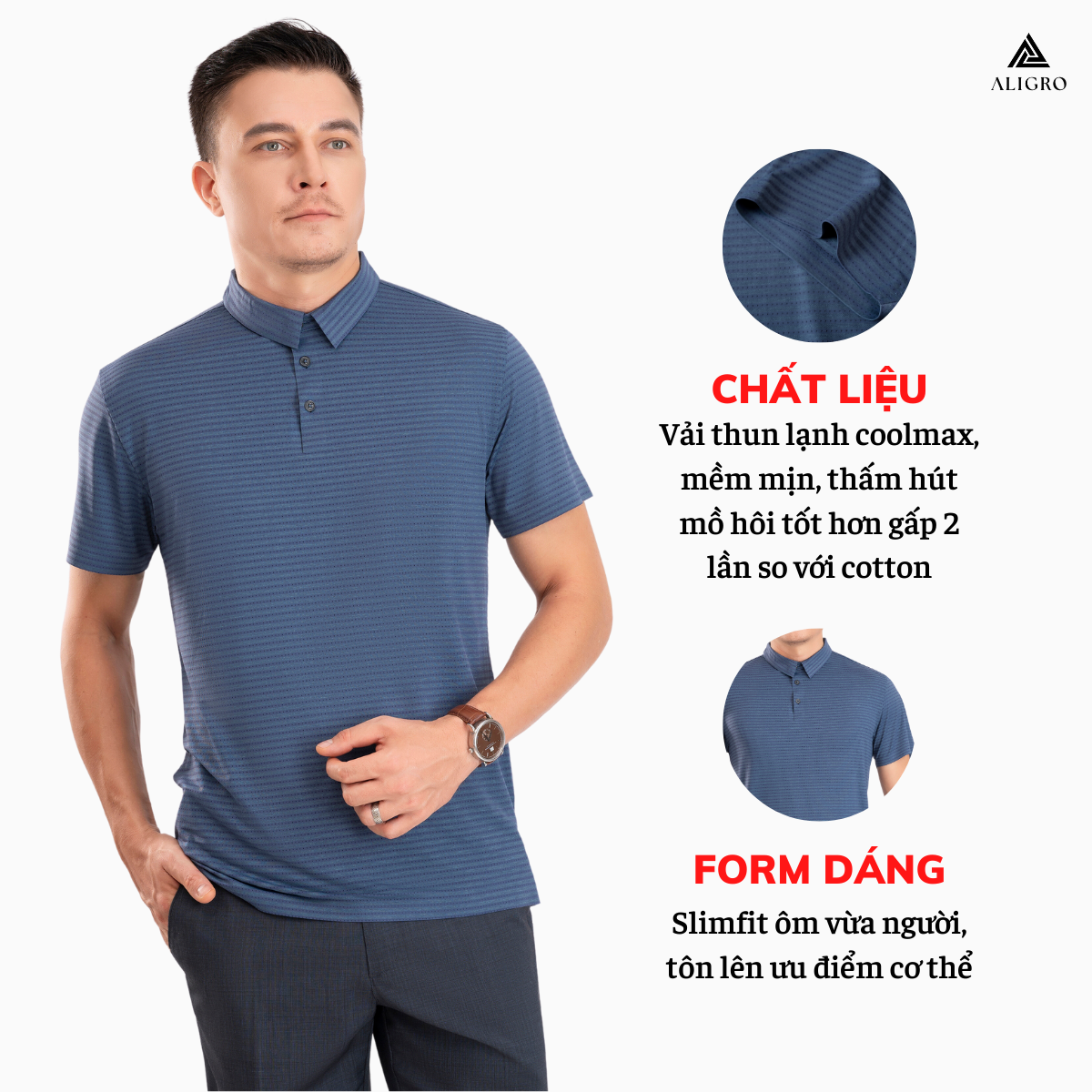 Áo polo golf nam ngắn tay ALIGRO chất vải coolmax màu xanh dệt kẻ ngang năng động ALGPLO119