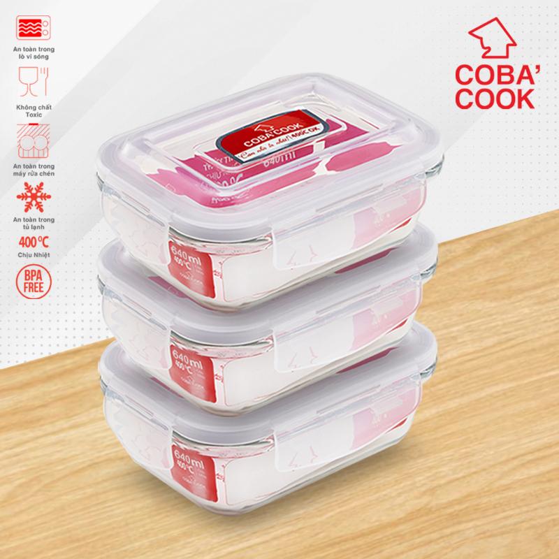 Bộ 3 hộp thủy tinh trữ thức ăn thực phẩm đựng cơm chịu nhiệt COBACOOK hộp chữ nhật dung tích 640ml -CCL63