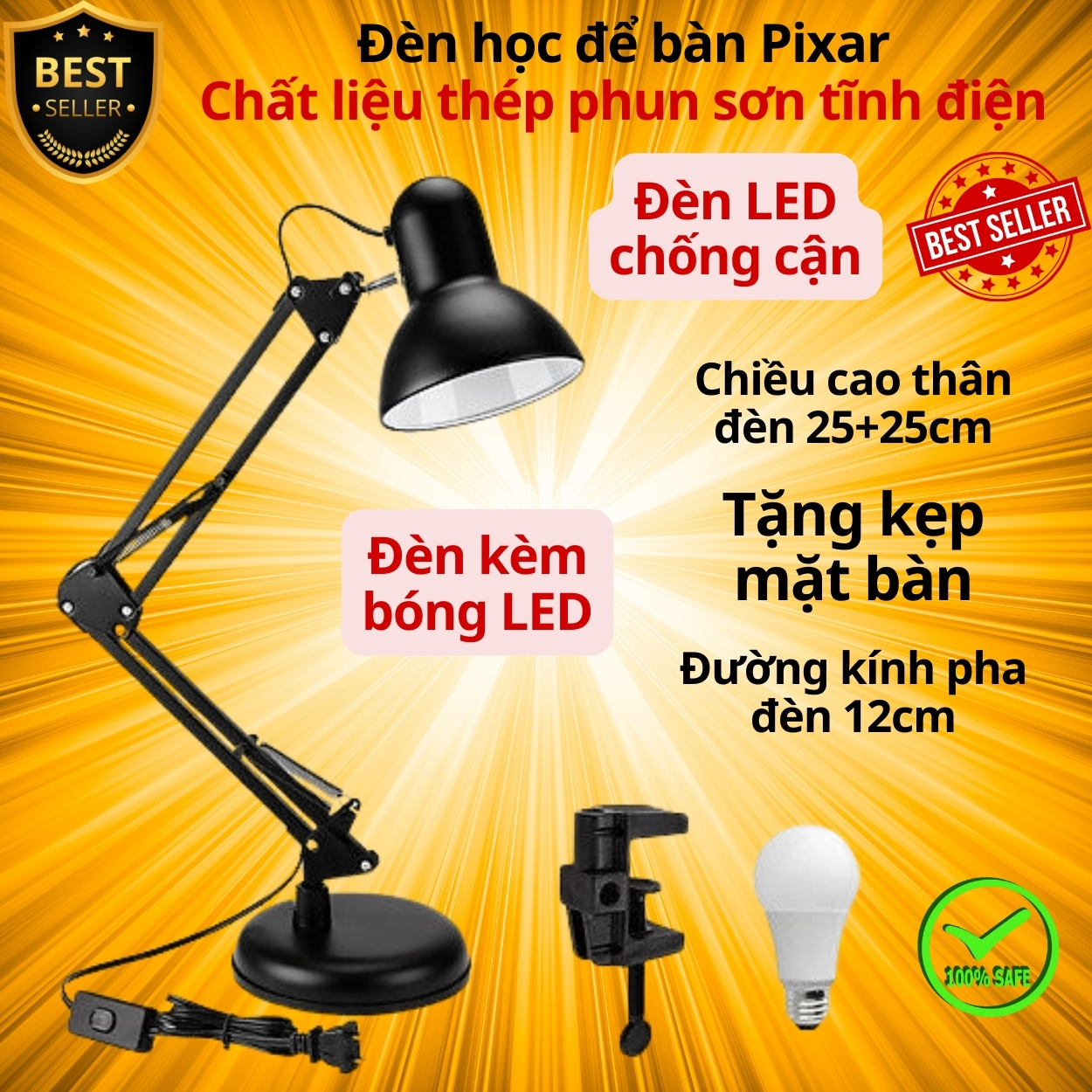 Đèn Pixar, Đèn Học Chống Cận Thị, Đèn Đọc Sách, Đèn Làm Việc Để Bàn Chống Chói Mắt Lóa Mắt Bảo Vệ Mắt - Hàng Chính Hãng - Đen Tặng Bóng Đèn