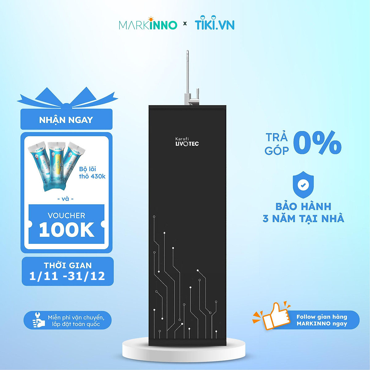 Máy lọc nước  KAROFI LIVOTEC 510 bình áp 5L lõi nano Kháng khuẩn màng RO 100 GPD Hàn Quốc hàng chính hãng