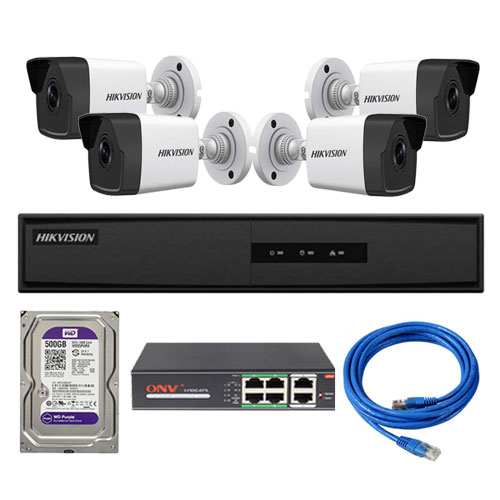 Trọn Bộ 4 Camera IP PoE Hikvision 2.0MP Tầm Xa Hồng Ngoại 30M Chức Năng Cấp Nguồn Qua Mạng PoE - Hàng Chính Hãng