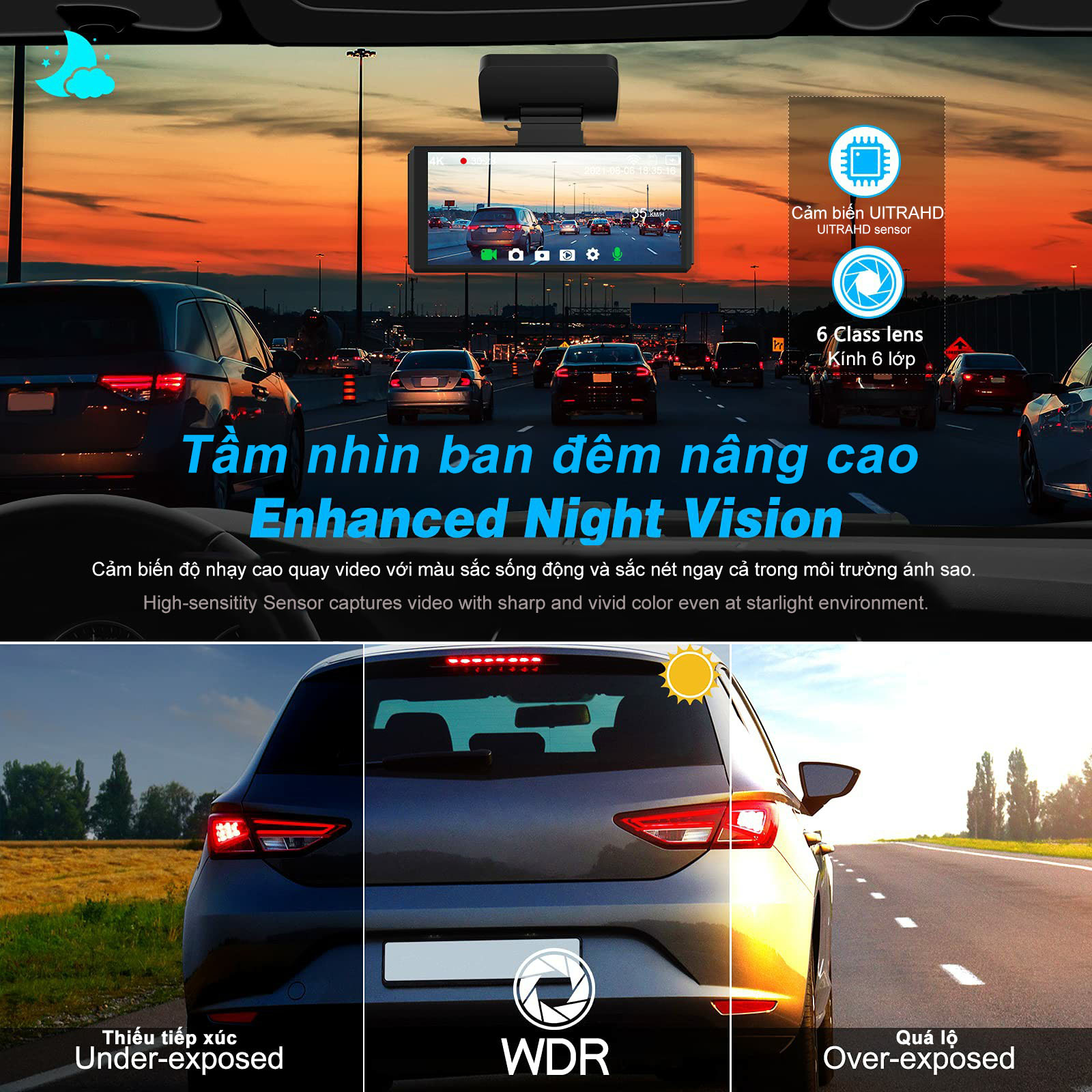 Camera hành trình xe ô tô 4K WiFi G.P.S màn hình 4 inh có đèn LED hỗ trợ lùi ban đêm