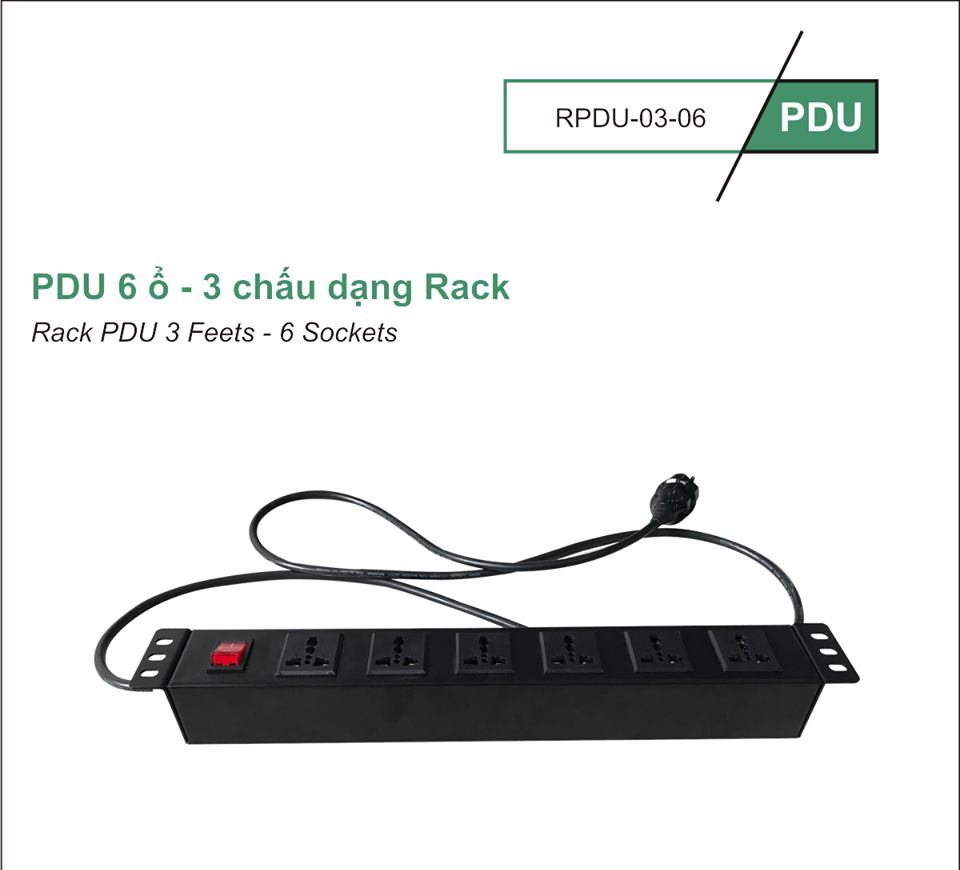 Ổ cắm điện PDU 6 ổ - 3 chấu dạng lắp tủ Rack - RPDU-03-06 - INPUT ~220-240V ∣ 16A ∣ 3000W