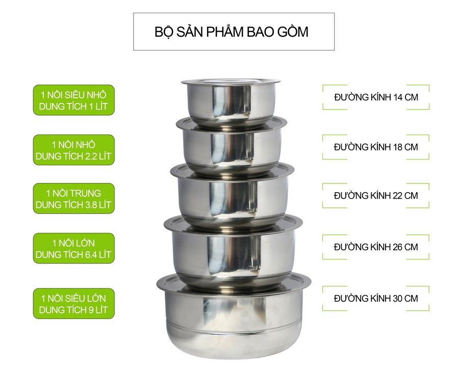 Bộ 5 nồi inox có xửng hấp