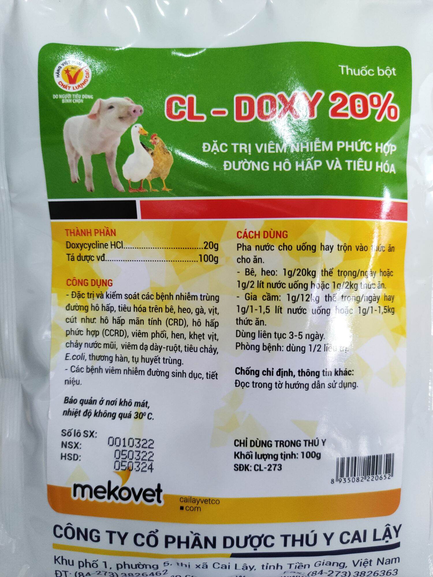 Thuốc bột CL-DOXY 20% Đ.ặc t.rị viêm nhiễm phức hợp đường hô hấp và tiêu hoá