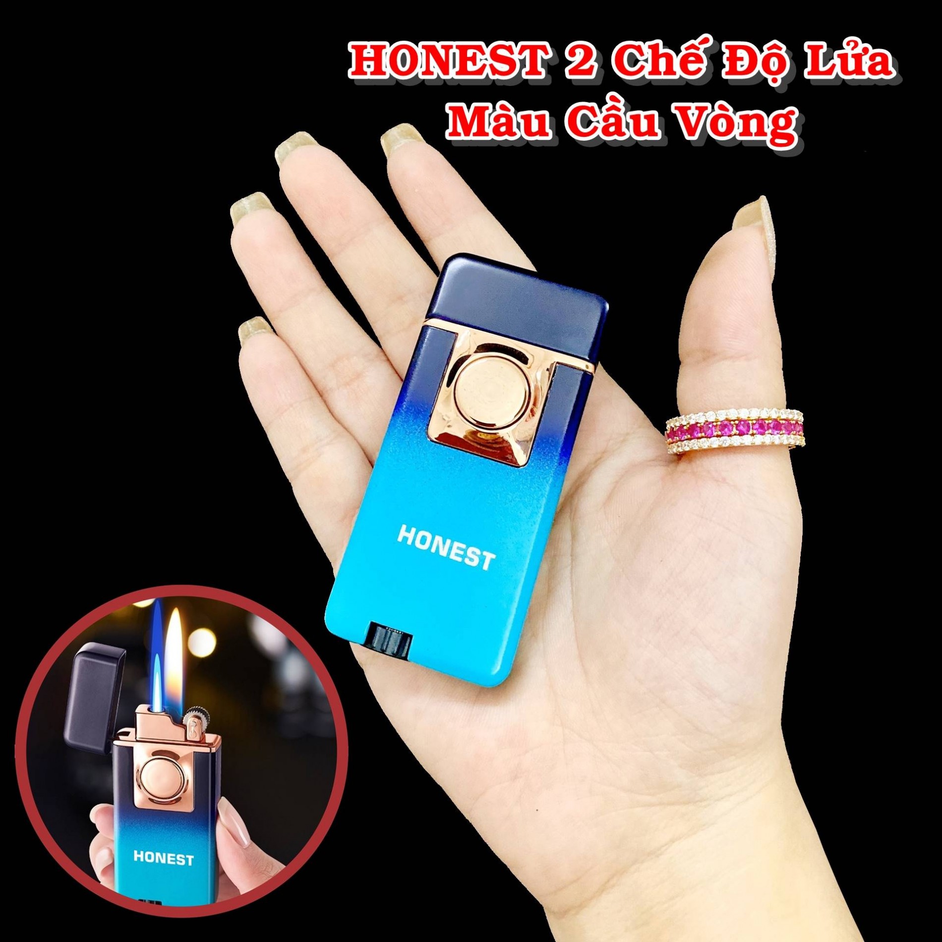 Hột quẹt bật lửa HONEST 2 chế độ lửa màu cầu vòng (lửa ngọn và lửa hoả tiễn) - (xài gas)