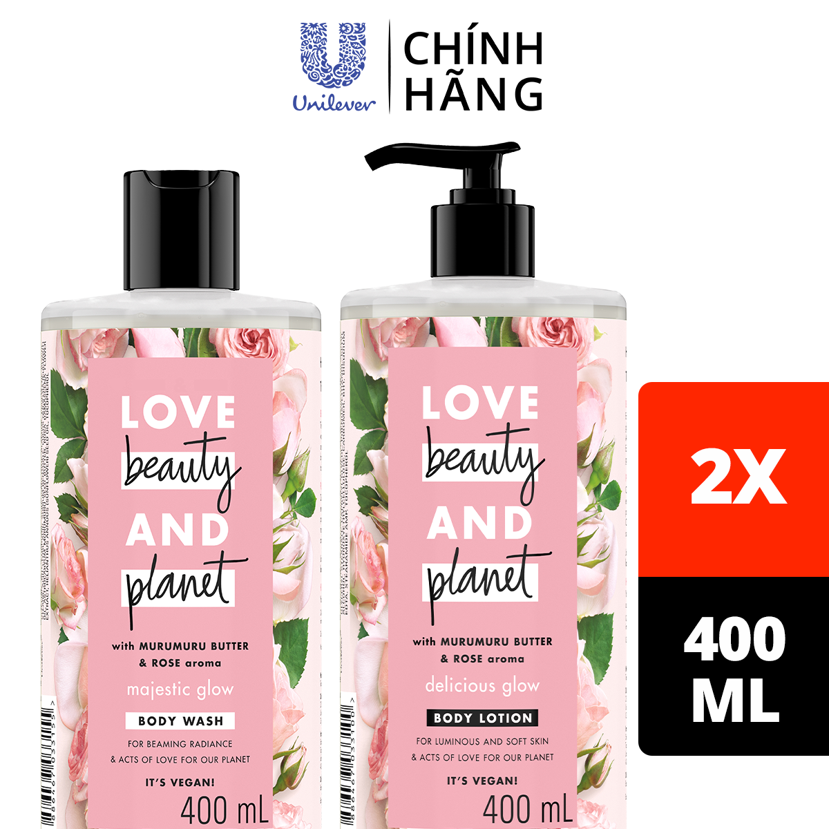Combo sữa tắm và sữa dưỡng thể Love Beauty And Planet Làm Sáng Da Majestic Glow với 100% tinh dầu hoa hồng Bulgaria 400ml