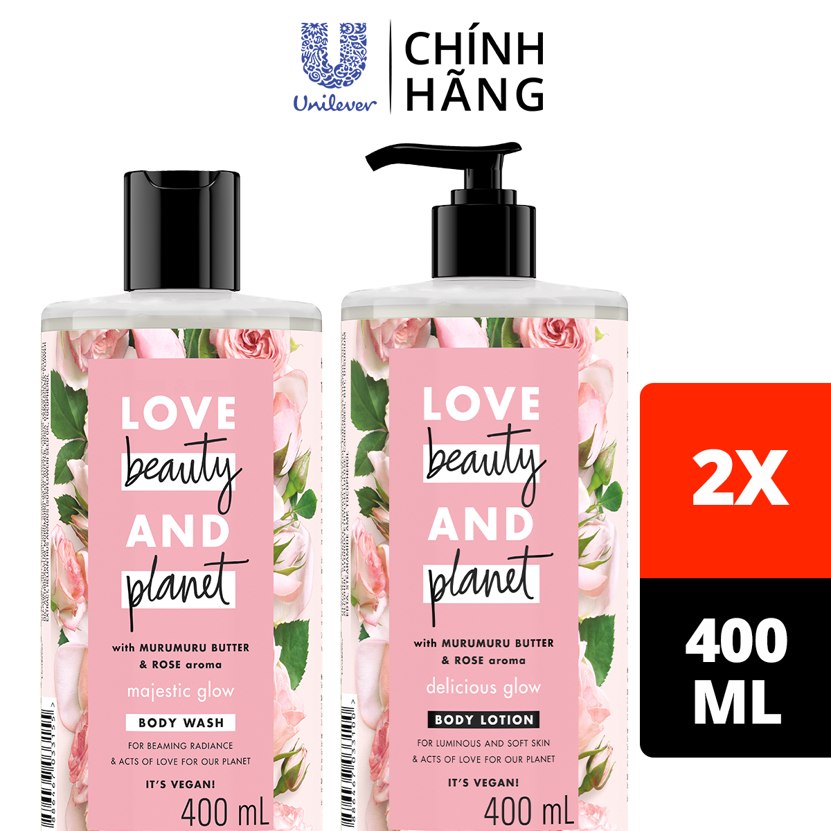 Combo Sữa Tắm &amp; Dưỡng Thể LOVE BEAUTY &amp; PLANET Dưỡng Ẩm Sáng Da Với 100% Tinh Dầu Hoa Hồng Bulgaria Từ Thiên Nhiên 400ml