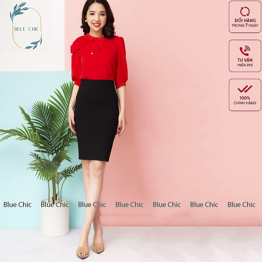 Chân váy bút chì Blue Chic lưng thun cao đồ công sở vải co giãn ôm body xẻ sau dáng dài màu đen